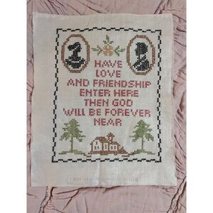Unframed Handmade Finished Embroidered Saying  12x14 Love and Friendship